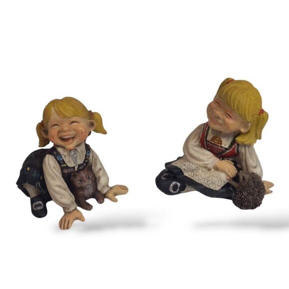 Candy Designs Norway Figurine Set Laughing Girl Cat Hedgehog Vintage - Picture 1 of 9